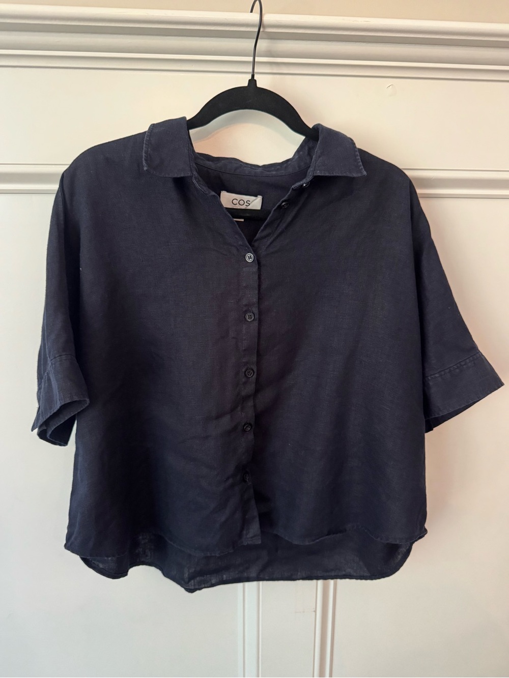 COS Navy Short-Sleeve Button-Down Linen Shirt